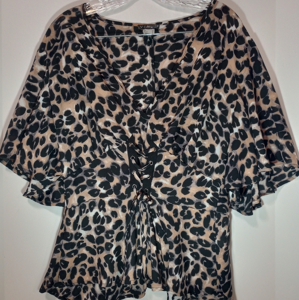 Animal Print V Neck Lace Front Top SZ 16 by Venus